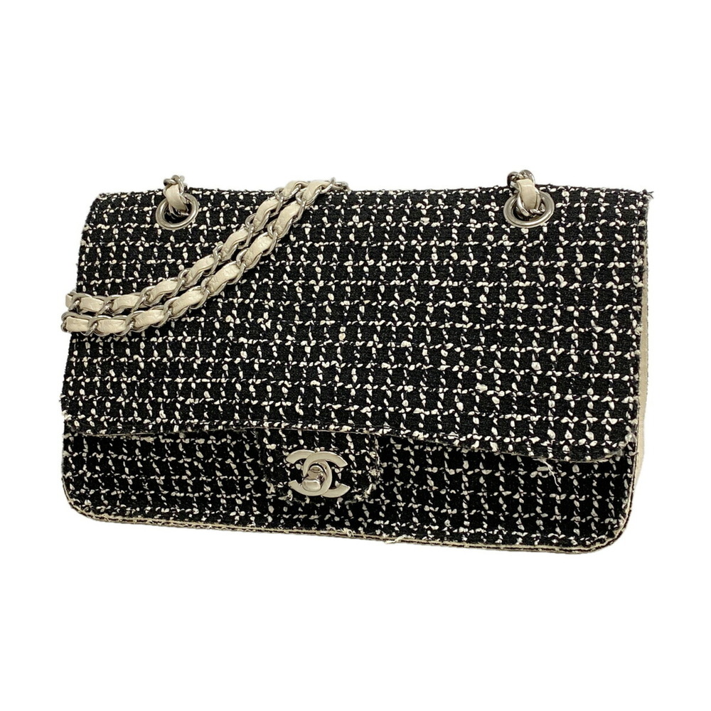 Chanel Shoulder Bag with Double Chain, Tweed, Black/Ivory, Women's
